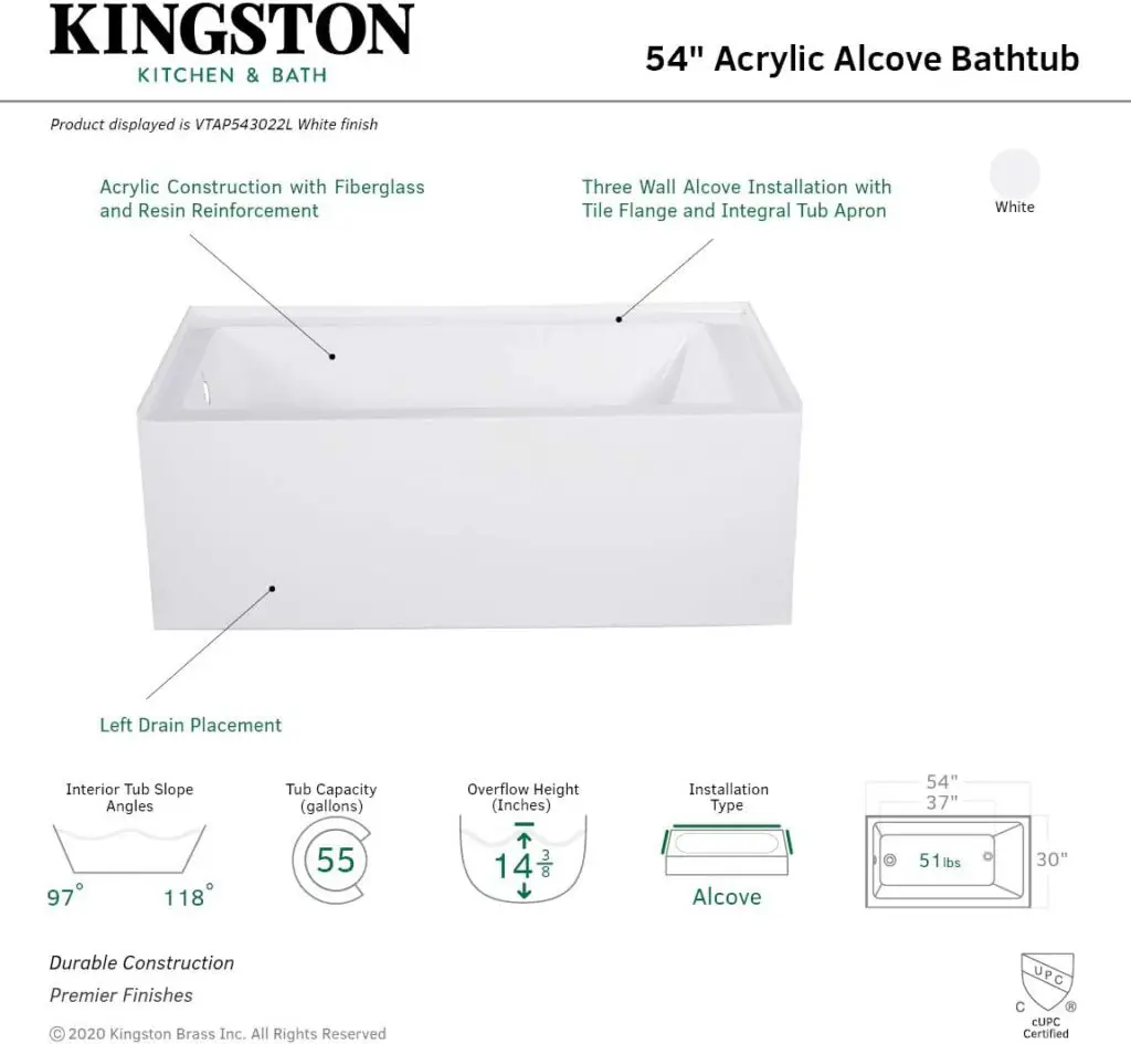Kingston Brass 54 inch Drop In Small Bathtub