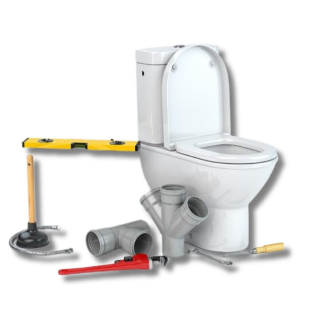 removed toilet with all the necessary tools